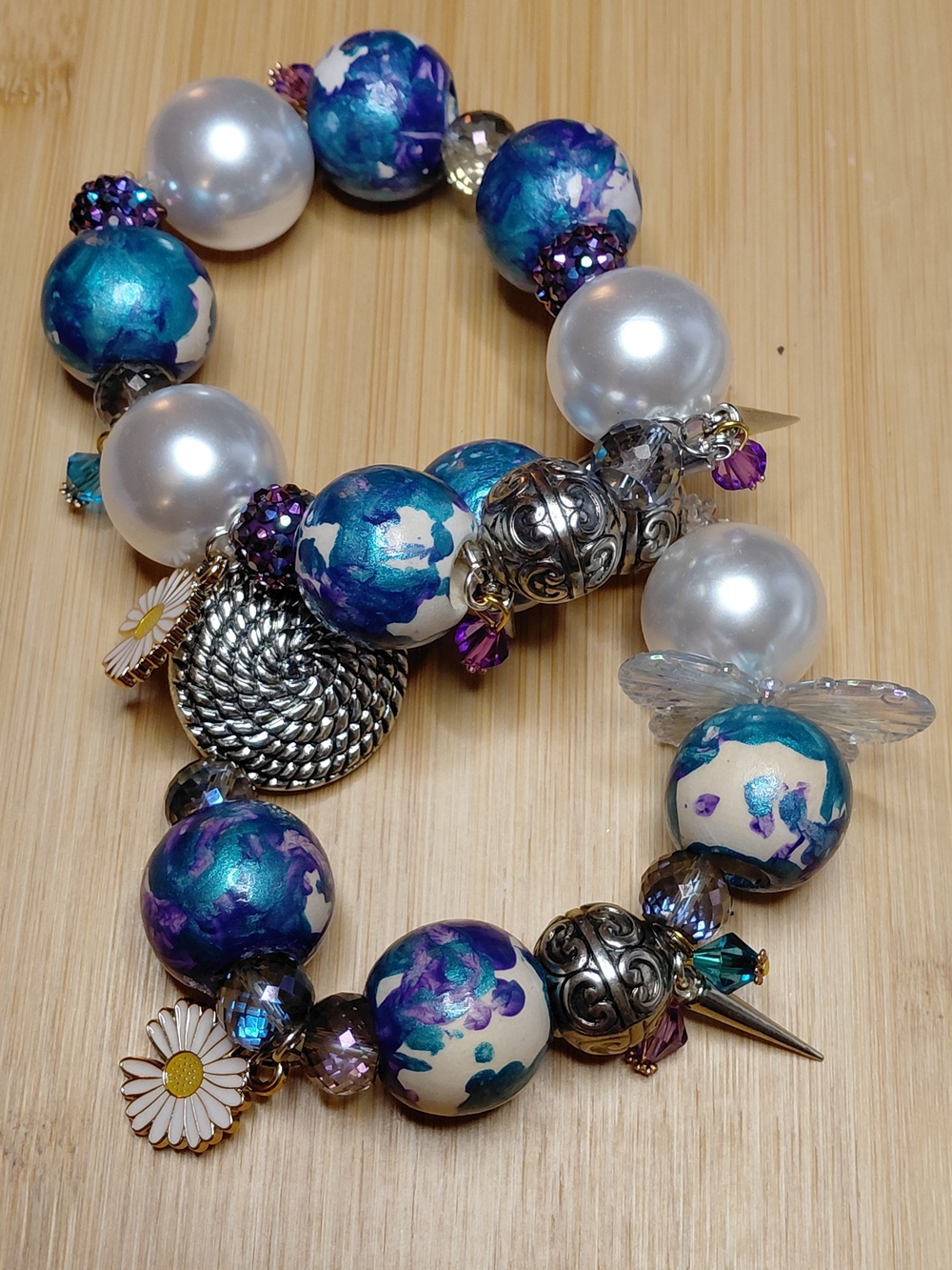 Handcrafted Blue & Pearl Floral Bead Stretch Bracelet